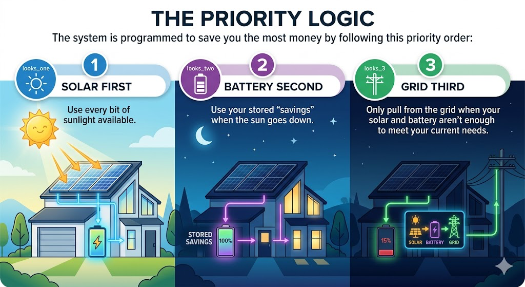 The Priority Logic: Solar First, Battery Second, Grid Third